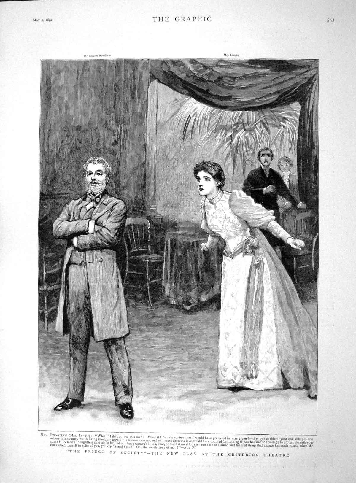 Old Antique Print 1892 Play Criterion Theatre Eve-Allen Langtry Society 19th