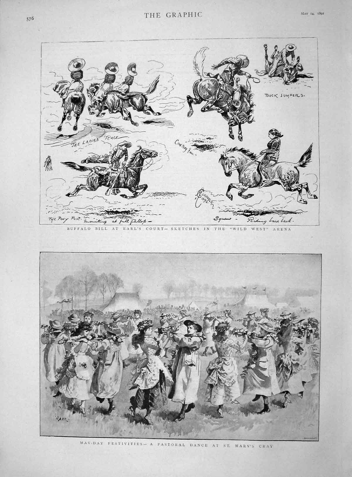 Original Old Antique Print 1892 Buffalo Bill Earl'S Court Pastoral Dance 19th