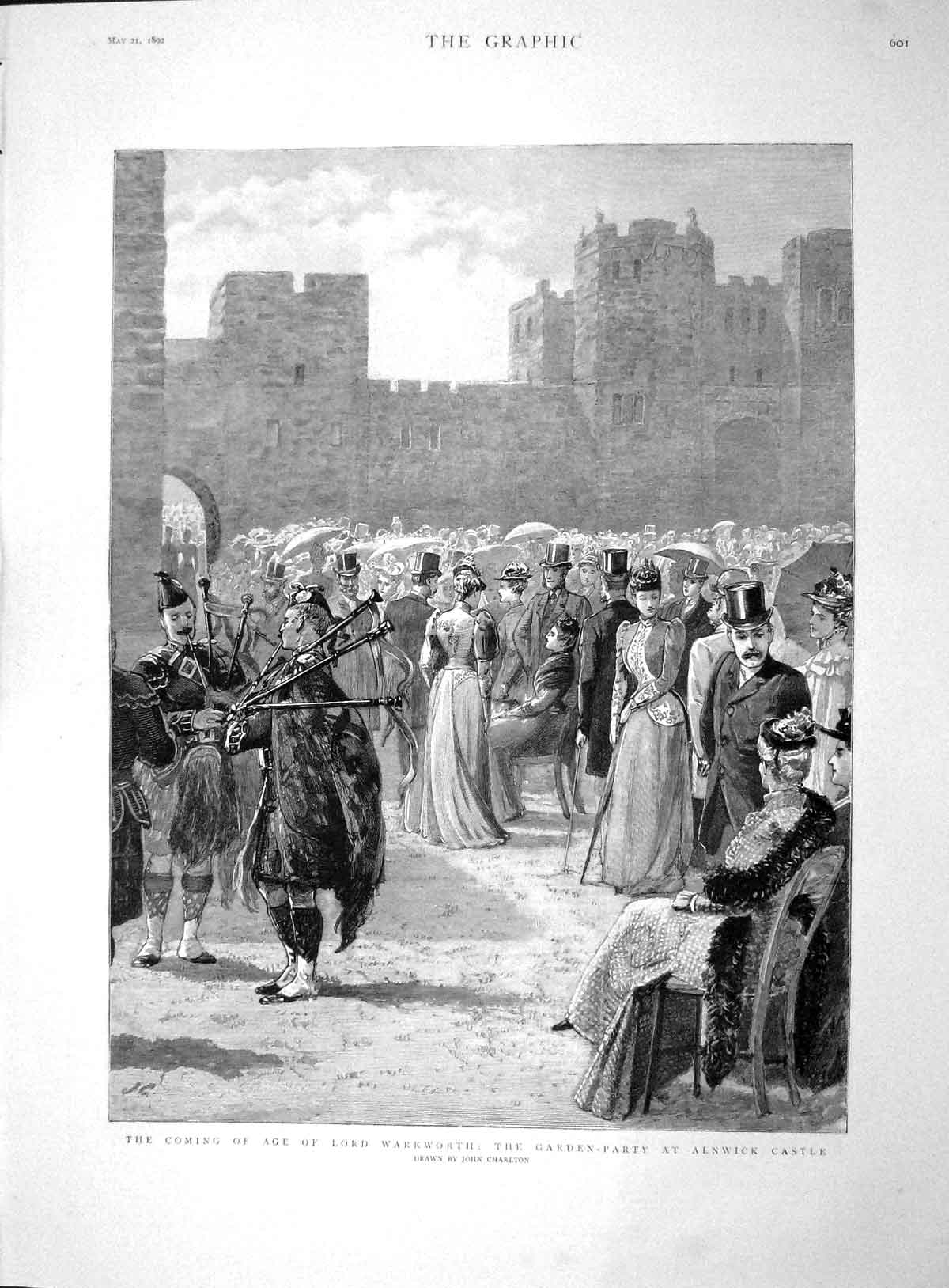 Original Old Antique Print 1892 Lord Warkworth Garden Party Alnwick Victorian