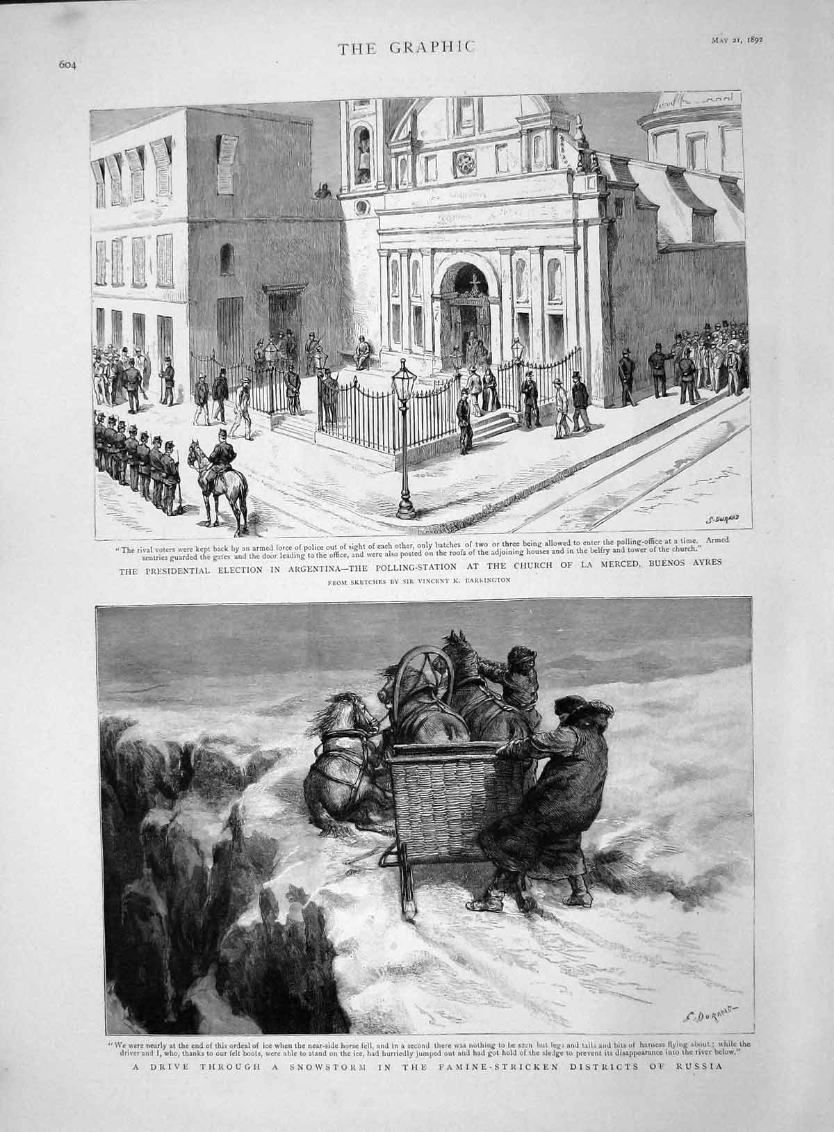 Original Old Antique Print 1892 Argentina Polling Church Ayres Russia Snowstorm
