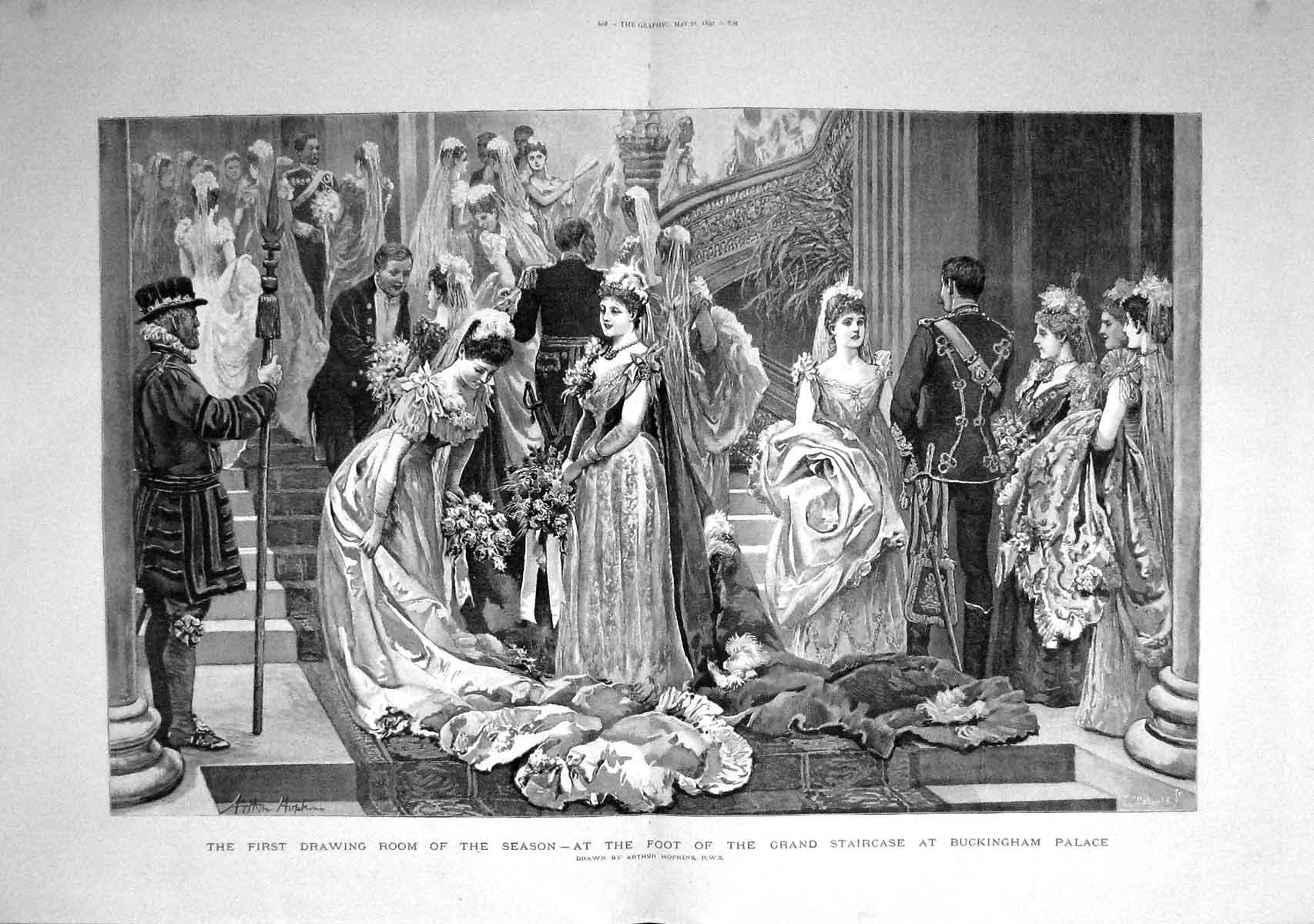 Original Old Antique Print 1892 Grand Staircase Buckingham Palace Drawing Room