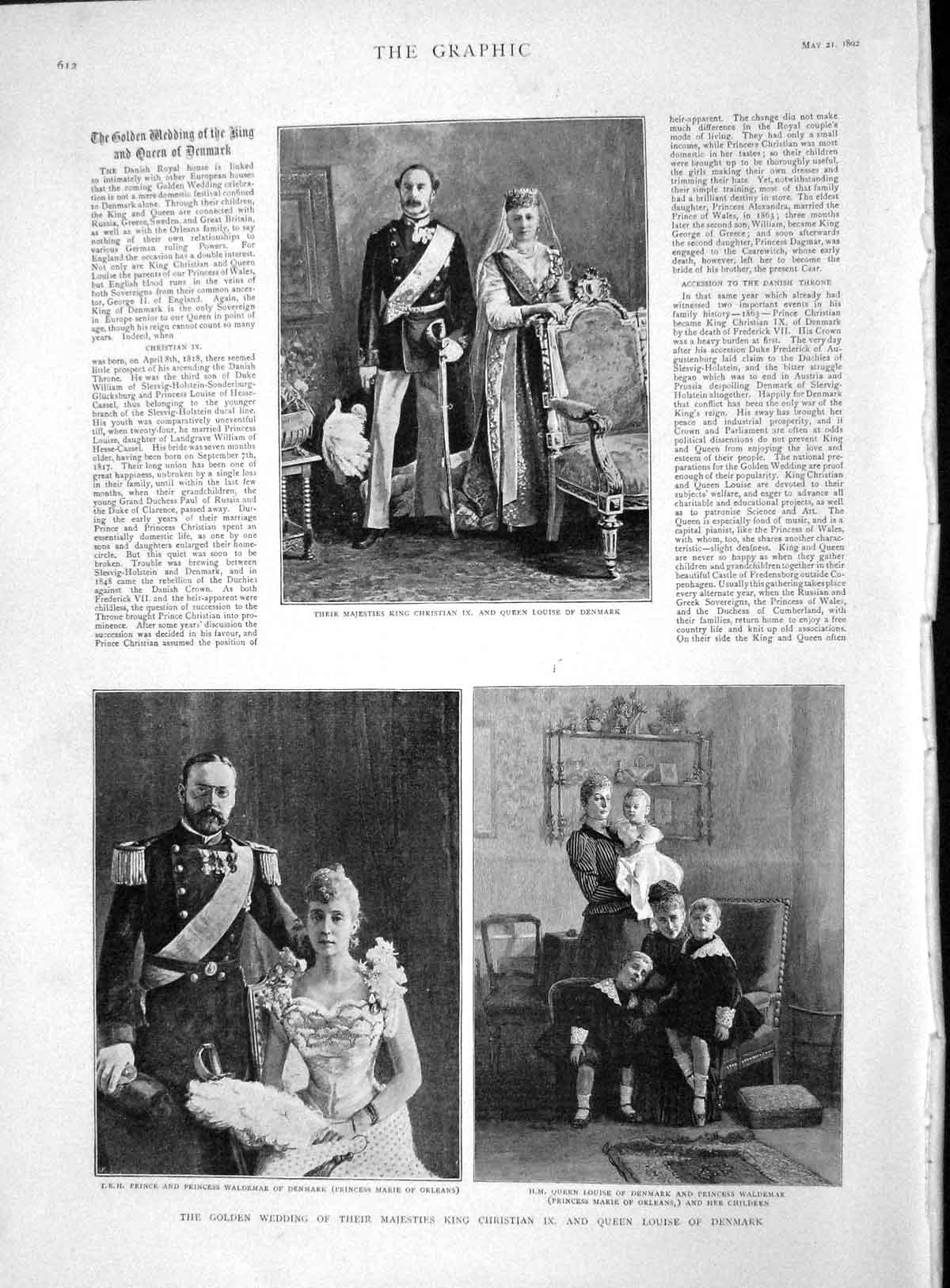 Original Old Antique Print 1892 King Christian Queen Louise Denmark Gen Wedding