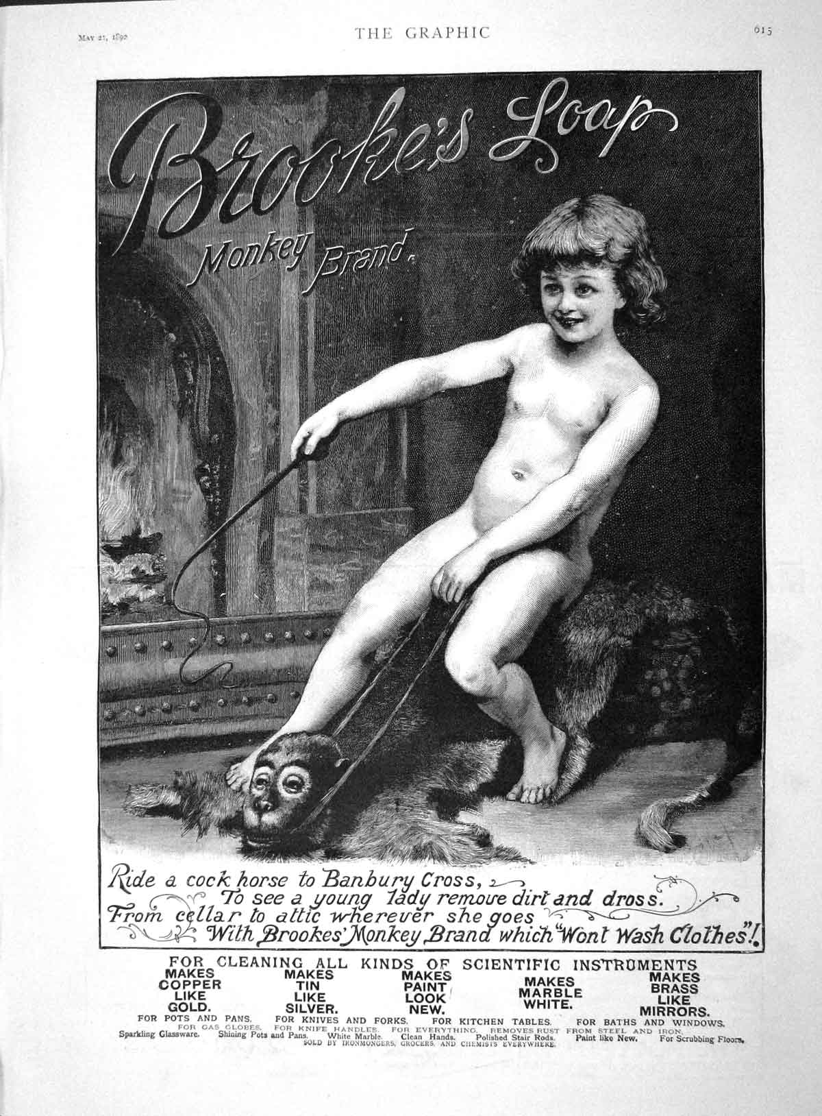 Old Antique Print 1892 Advertisement Brookes Monkey Brand Soap Cleaning 19th