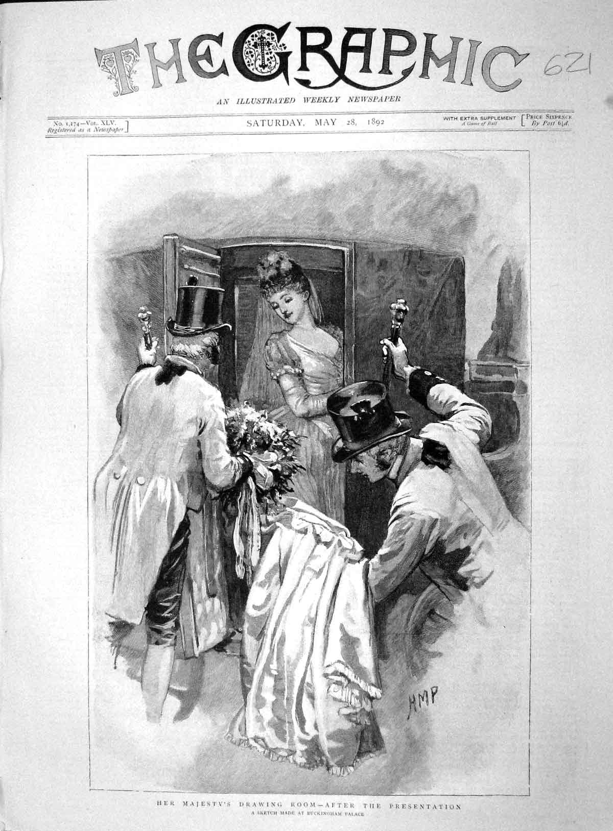 Original Old Antique Print 1892 Her Majesty Queen Buckingham Palace Carriage