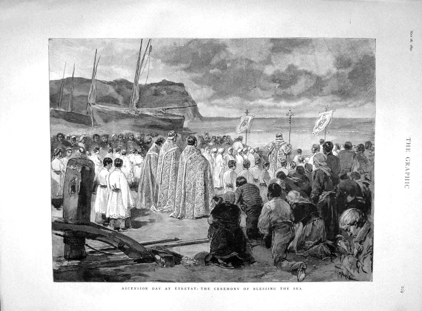 Old Antique Print 1892 Ascension Day Etretat Ceremony Blessing Sea Pope 19th