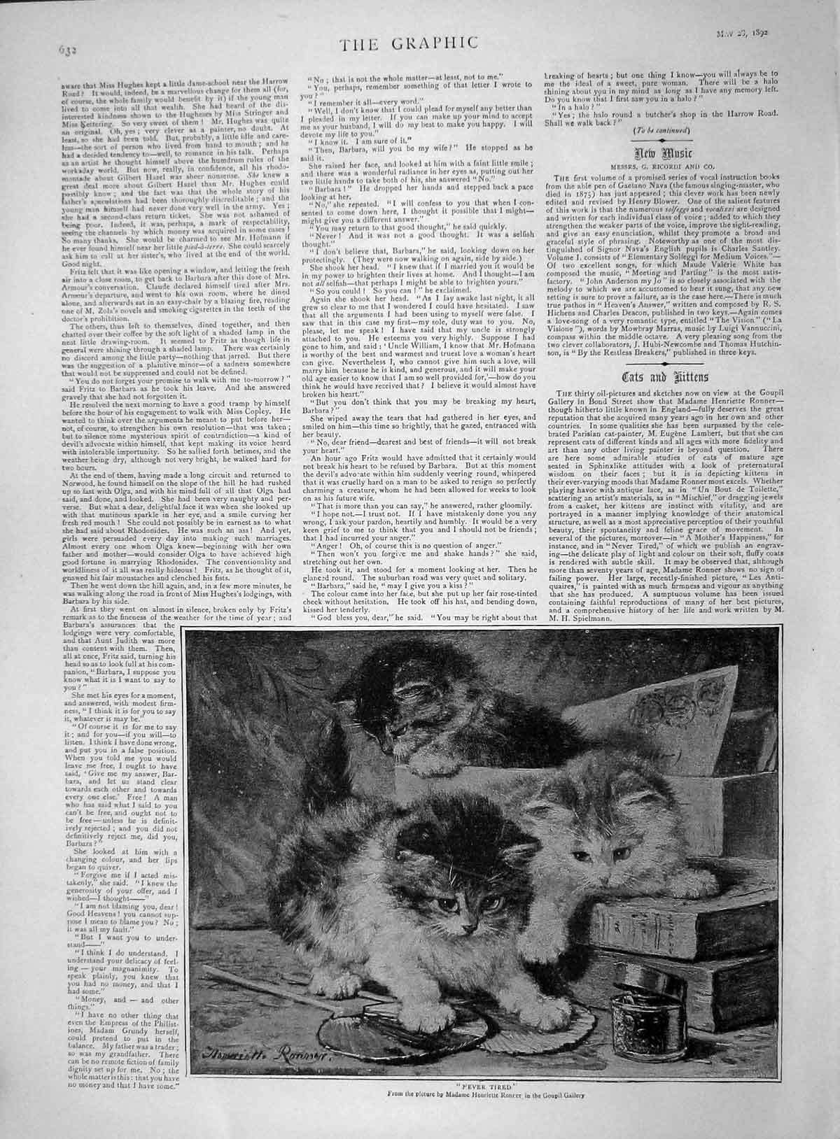 Original Old Antique Print 1892 Goupil Gallery Art Kittens Playing Never Tired