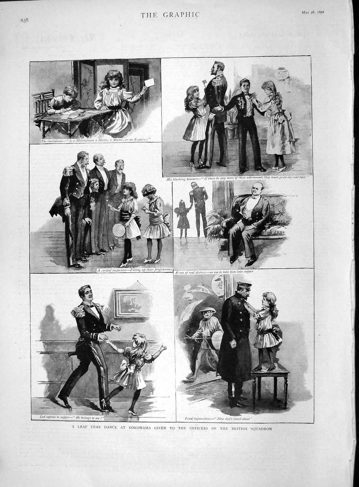 Original Old Antique Print 1892 Leap Year Dance Yokohama Officers British Army