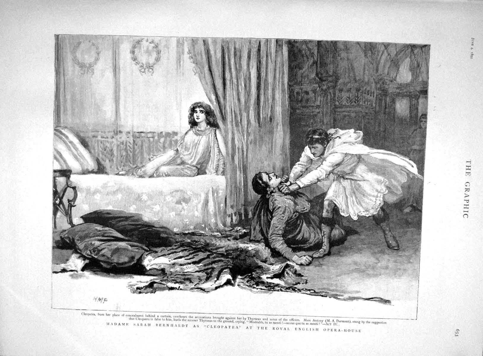 Original Old Antique Print 1892 Madame Sarah Bernhardt Cleopatra Opera-House