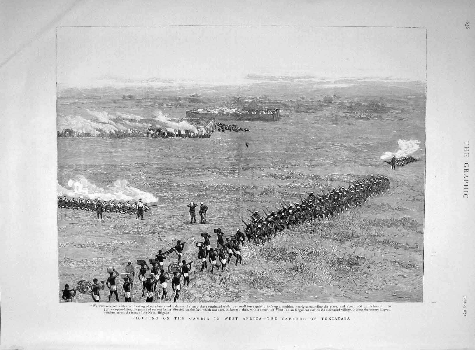Original Old Antique Print 1892 Fighting Gambia West Africa Capture To Victorian