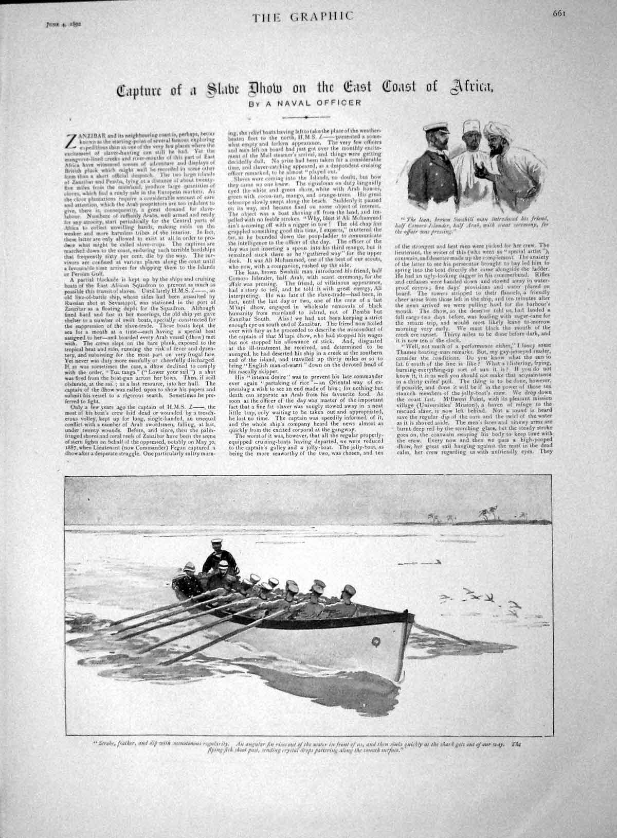 Original Old Antique Print 1892 Capture Slaw Dhow Africa Navy Boat Swahili Arab
