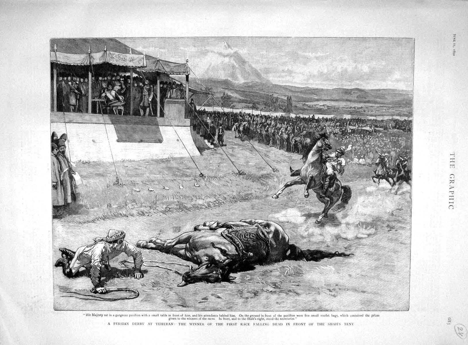 Original Old Antique Print 1892 Persian Derby Horse Racing Teheran Shah'S Tent