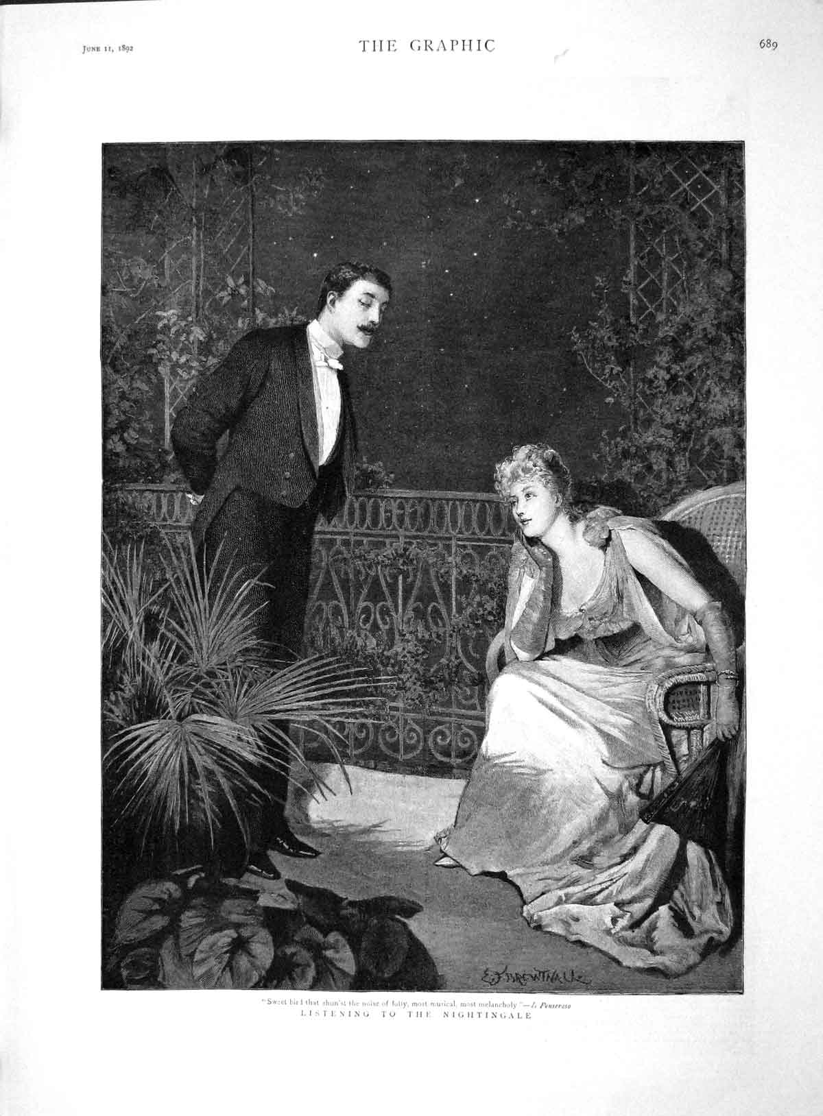 Old Antique Print 1892 Man Lady Romance Listening Nightingale Brentwall 19th