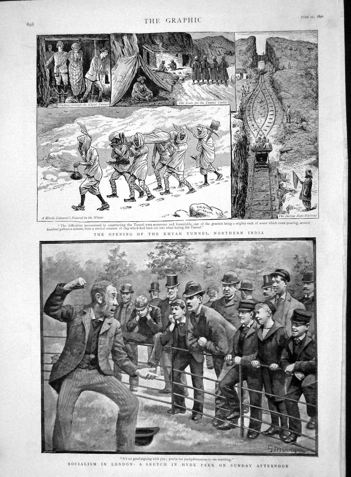 Original Old Antique Print 1892 Khyak Tunnel India Hyde Park Melba Hugo Horse