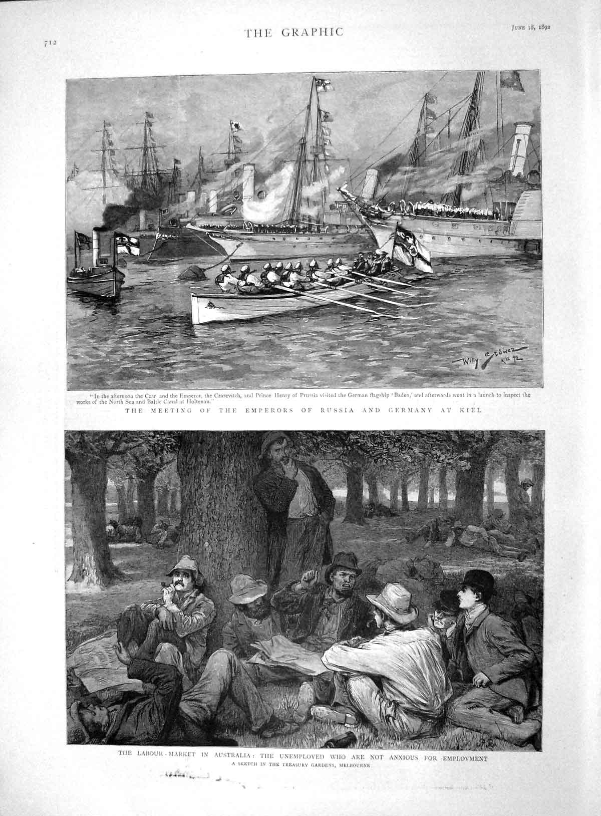Original Old Antique Print 1892 Emperors Russia Germany Kiel Ships Australia