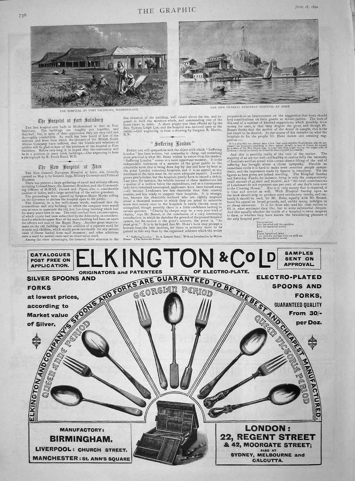 Old Antique Print 1892 Hospital Fort Salisbury Mashonaland Elkington Aden 19th