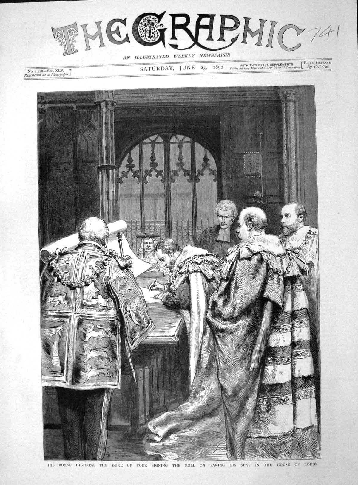 Old Antique Print 1892 Duke York Signing Roll Taking His Seat House Lords 19th