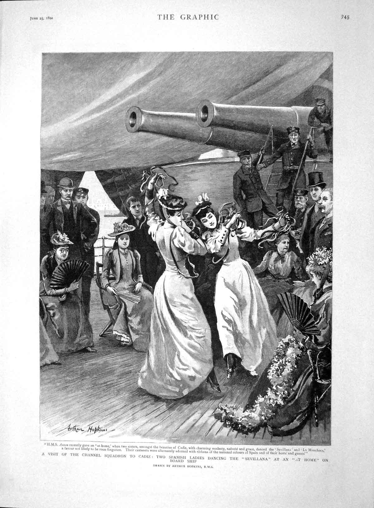 Original Old Antique Print 1892 Channel Ships Cadiz Spanish Ladies Sevillan 19th