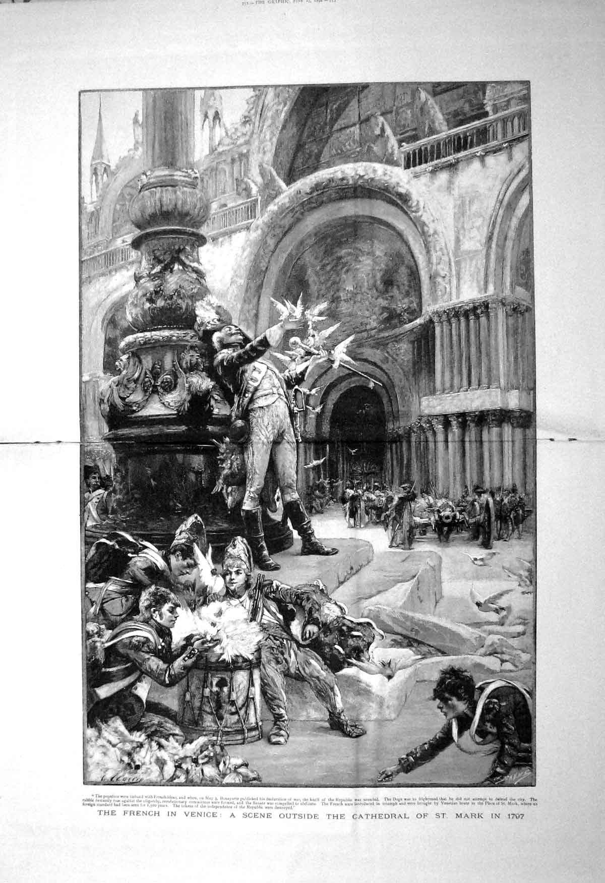 Original Old Antique Print 1892 Cathedral St. Mark Venice Italy French Siers