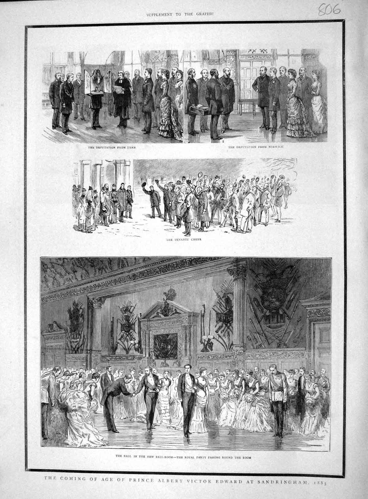 Old Antique Print 1892 Prince Albert Victor Edward Sandringham Ball Room 19th