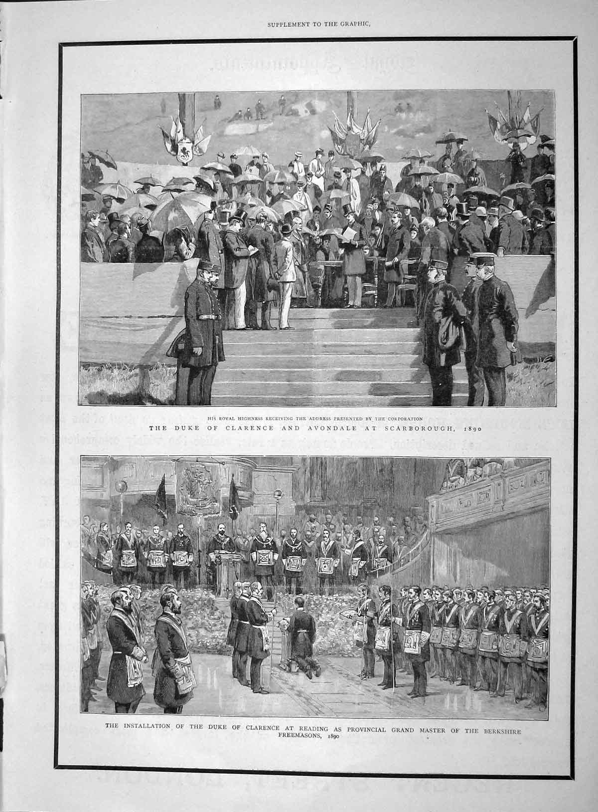 Original Old Antique Print 1892 Duke Clarence Avondale Scarborough Freemasons
