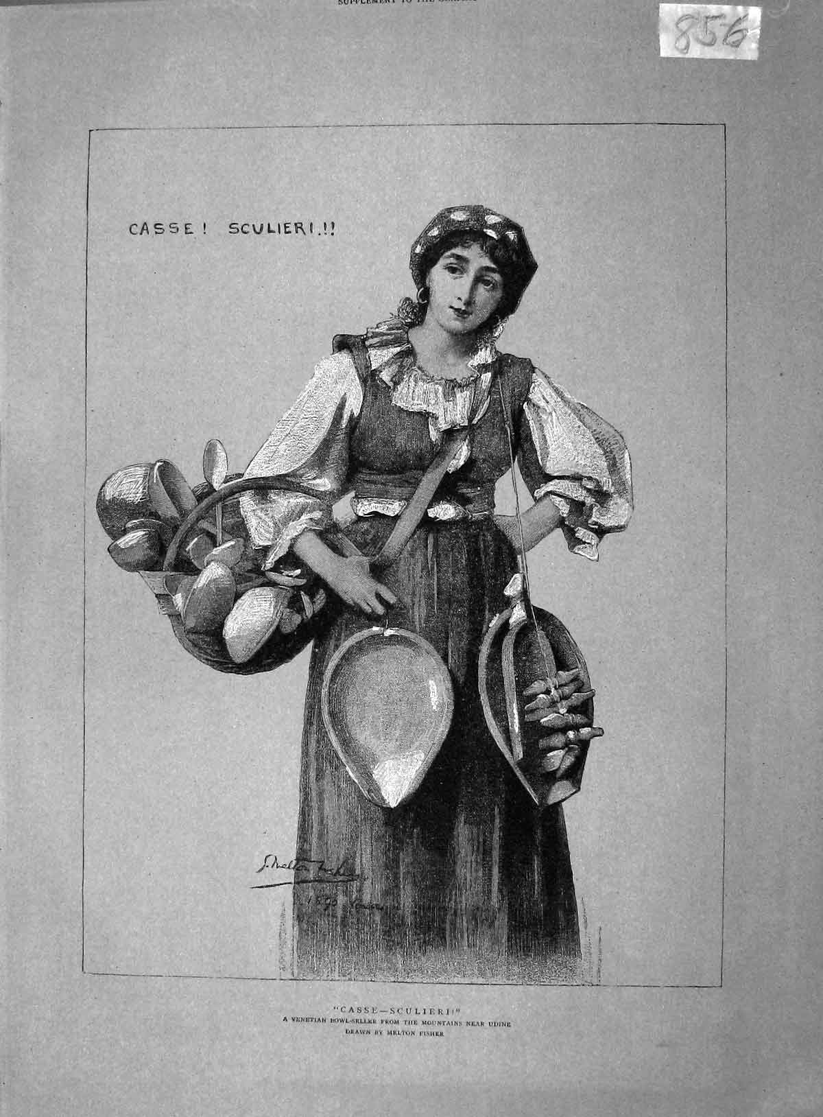 Original Old Antique Print 1892 Venetian Bowl Seller Udine Casse Sculieri Woman