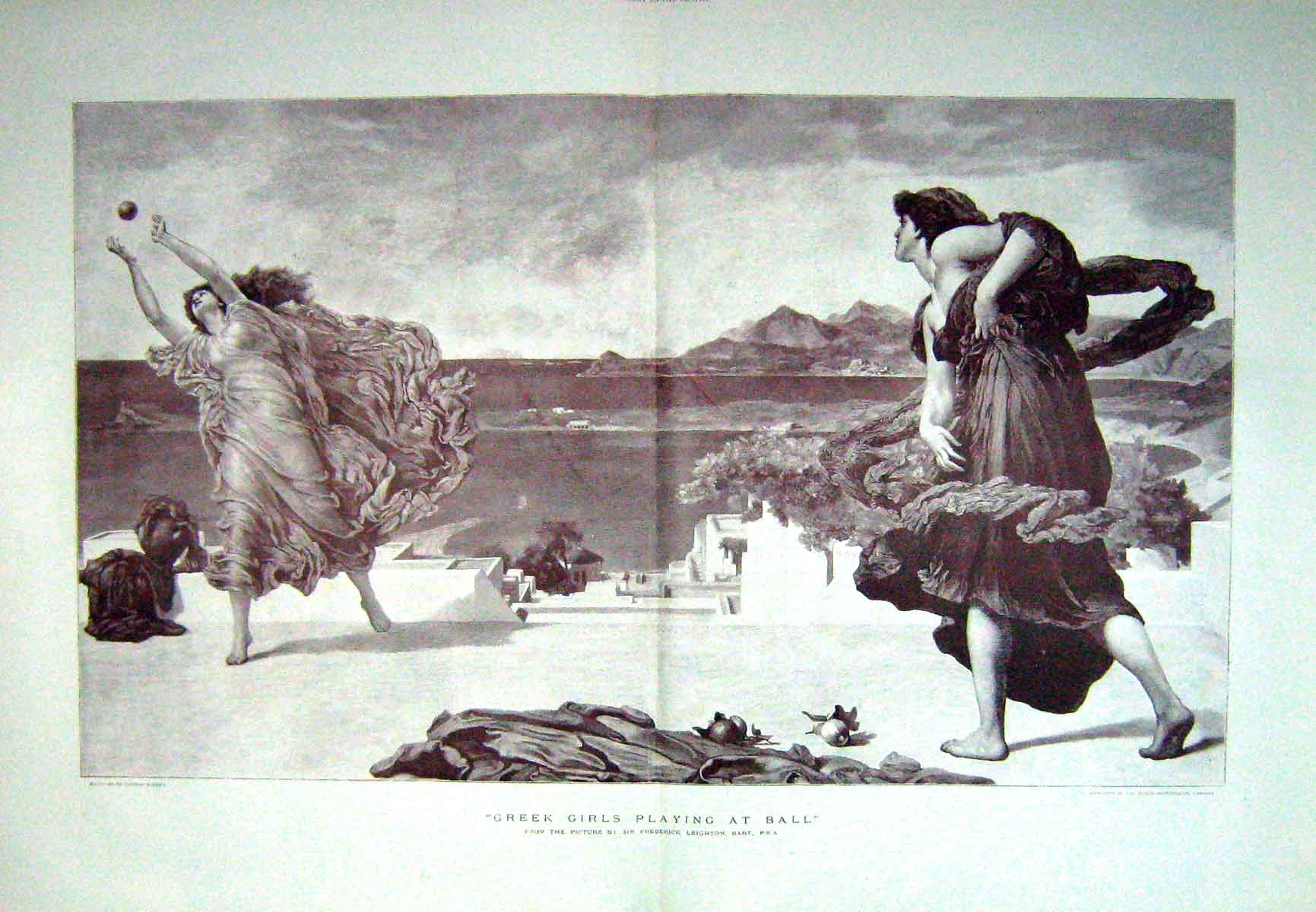 Old Antique Print 1892 Scene Greek Girls Playing Ball Frederick Leighton 19th