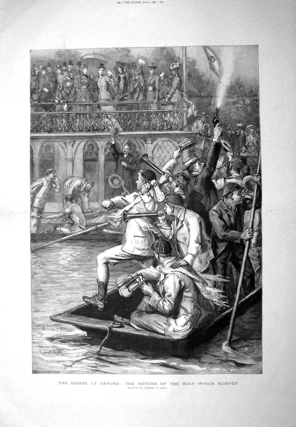 Original Old Antique Print 1892 Oxford Cambridge Boat Race Sport River Tham 19th