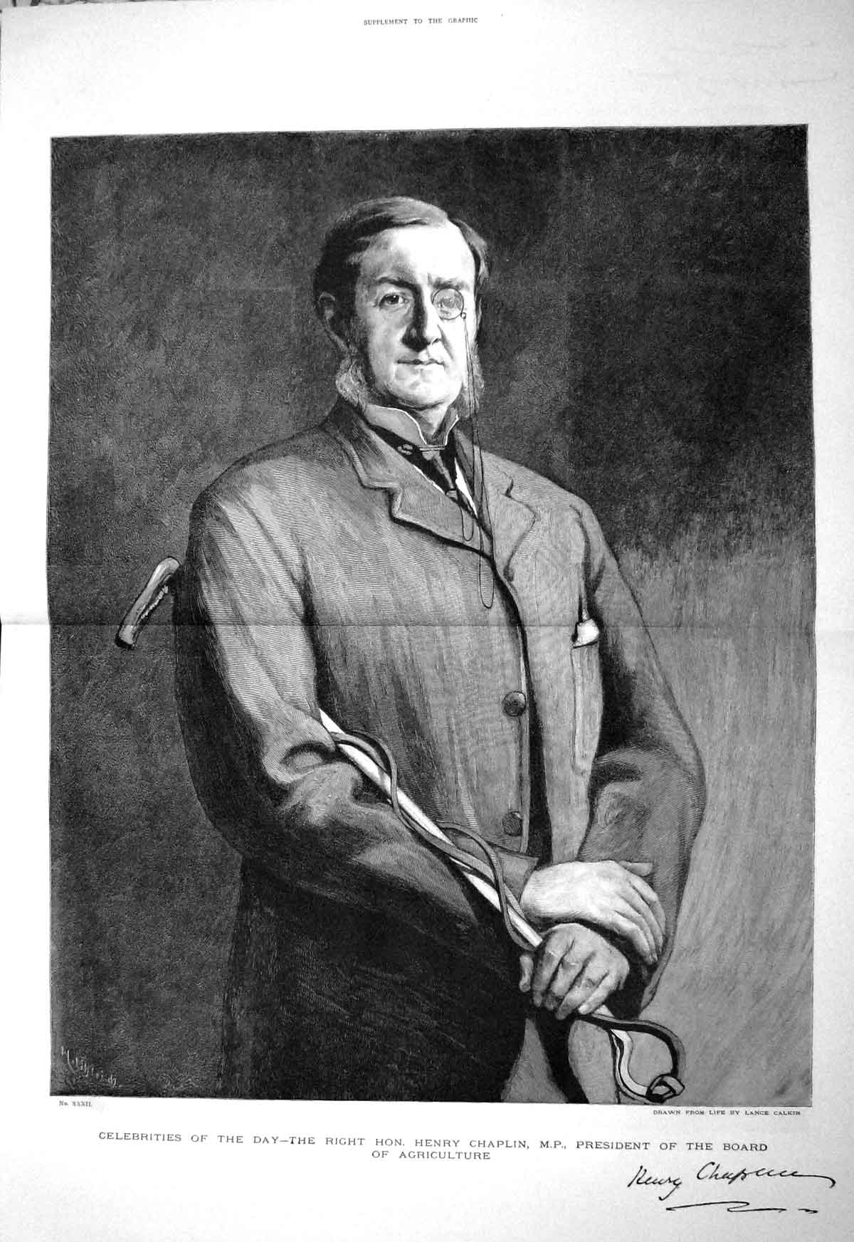 Original Old Antique Print 1892 Portrait Henry Chaplin M.P. Board Agriculture