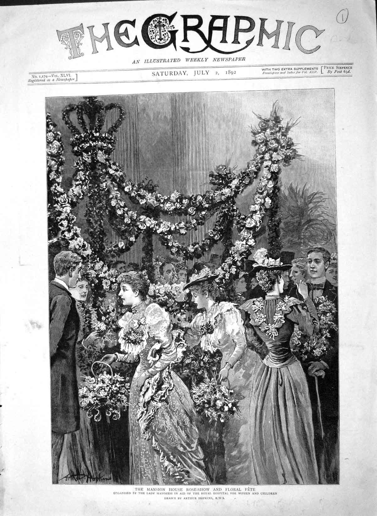 Old Antique Print 1892 Mansion House Rose Show Floral Fete Lady Mayoress 19th
