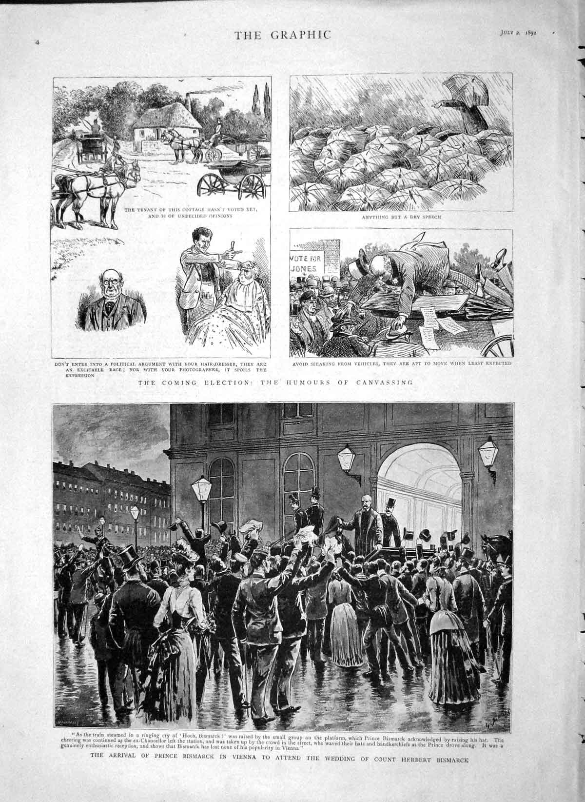 Original Old Antique Print 1892 Prince Bismarck Vienna Count Herbert Election
