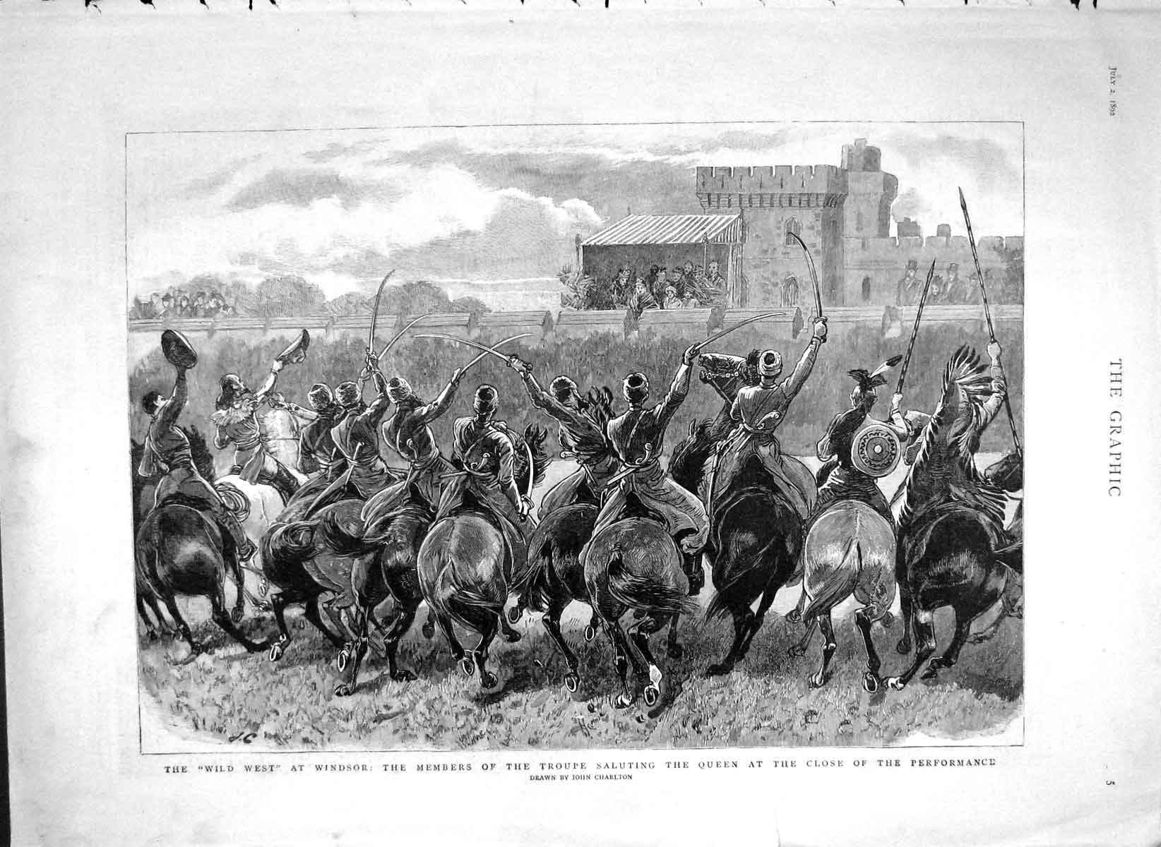 Original Old Antique Print 1892 Wild West Windsor Members Troupe Horses C 19th