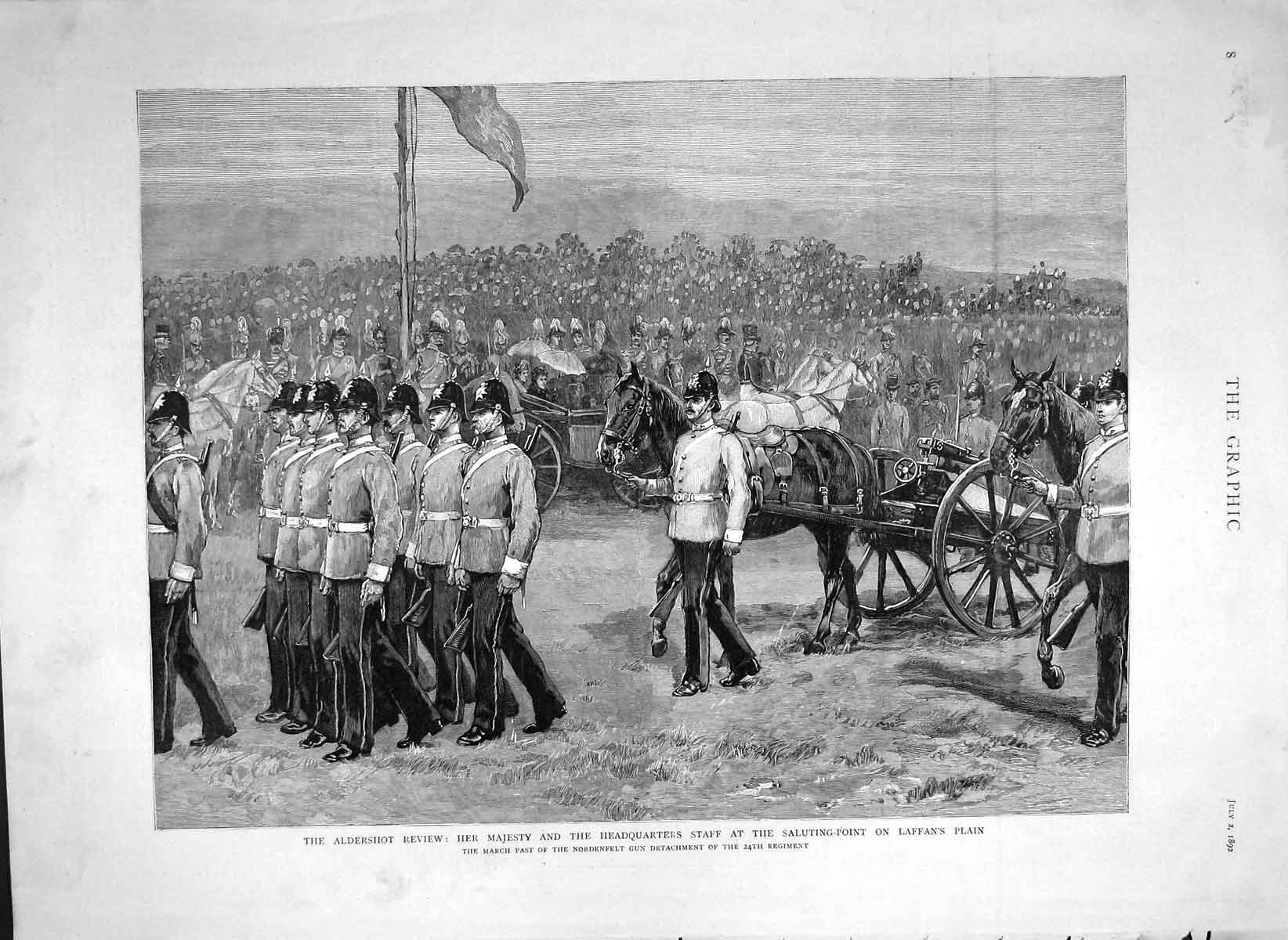 Old Antique Print 1892 Aldershot Review Queen Nordenfelt Gun Laffan Plain 19th