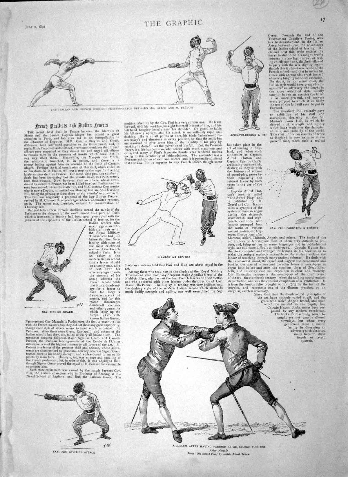 Original Old Antique Print 1892 Fencing Greco Prevost Pini Sport Italian 19th