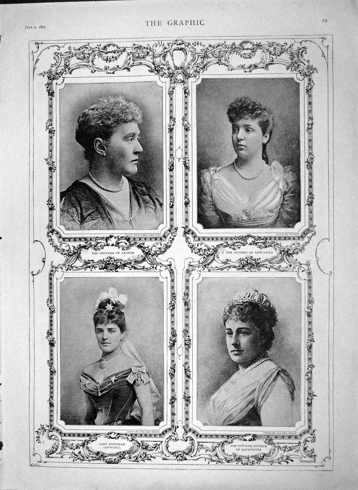 Old Antique Print 1892 Lady Churchill Manchester Newcastle Lathom Women 19th