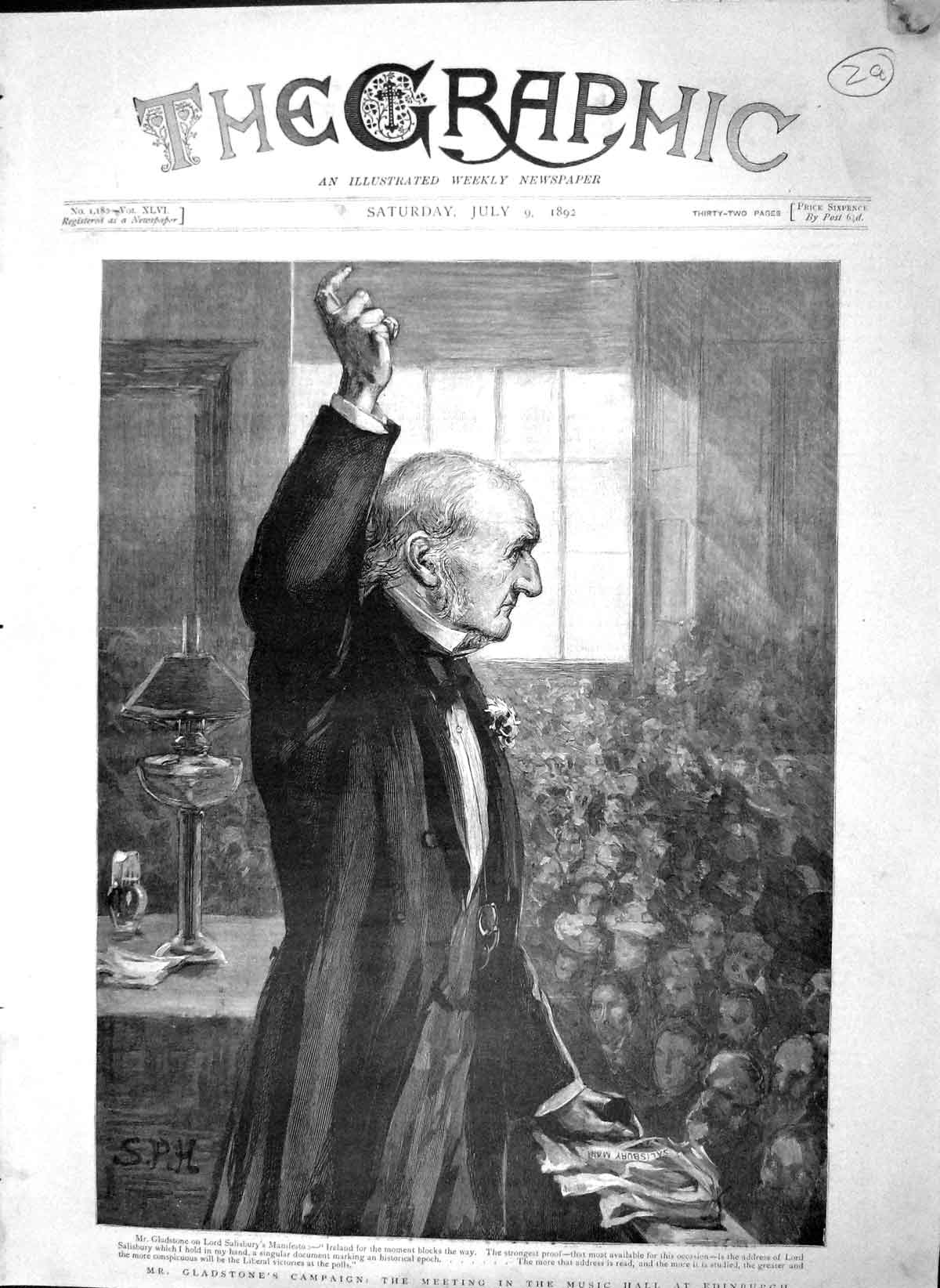Original Old Antique Print 1892 Gladstone Meeting Music Hall Edinburgh Election