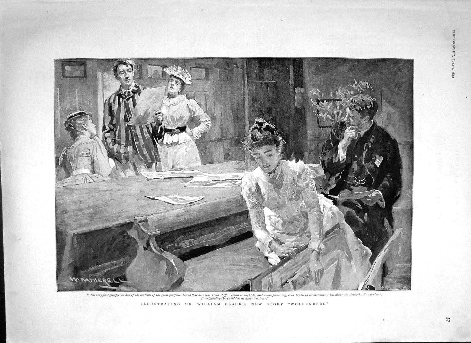 Original Old Antique Print 1892 Illustration William Black Story Wolfenberg