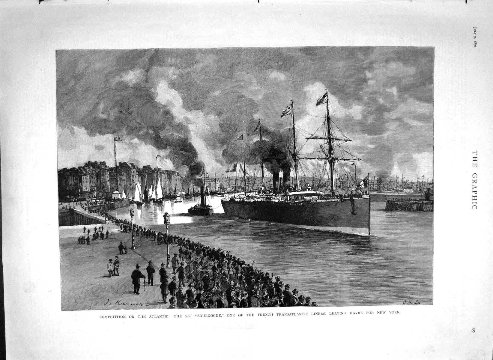 Original Old Antique Print 1892 Atlantic S.S. Ship Bourgogne French Liner 19th