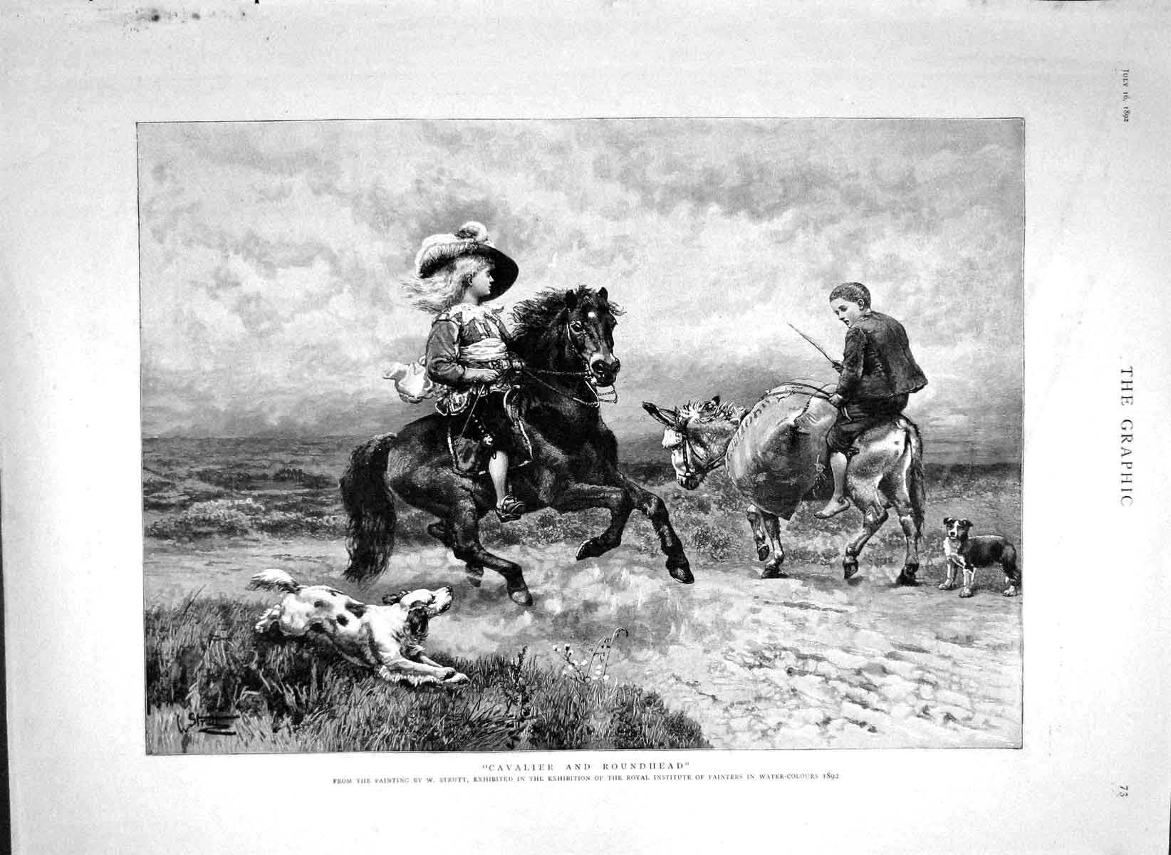 Original Old Antique Print 1892 Cavalier Roundhead Children Horse Donkey Dog