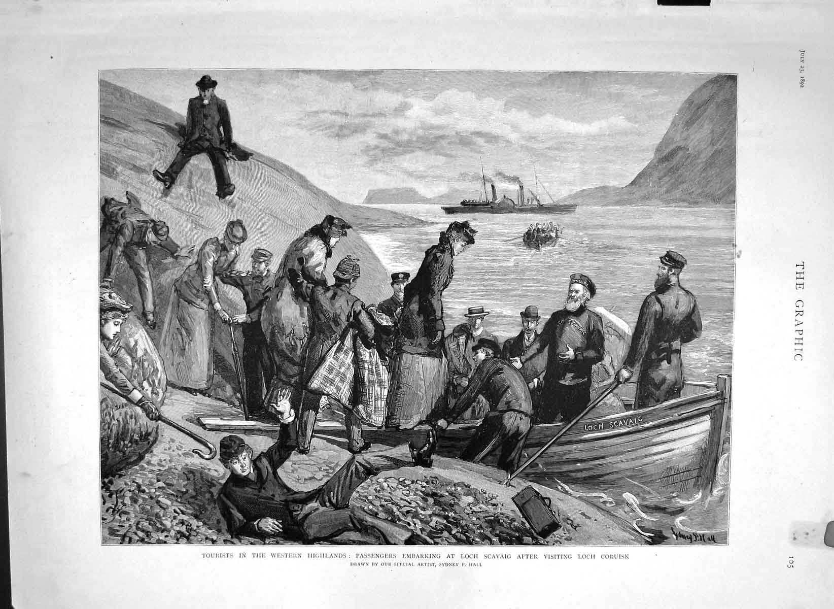 Original Old Antique Print 1892 Tourist Highlands Scotland Loch Scava Victorian