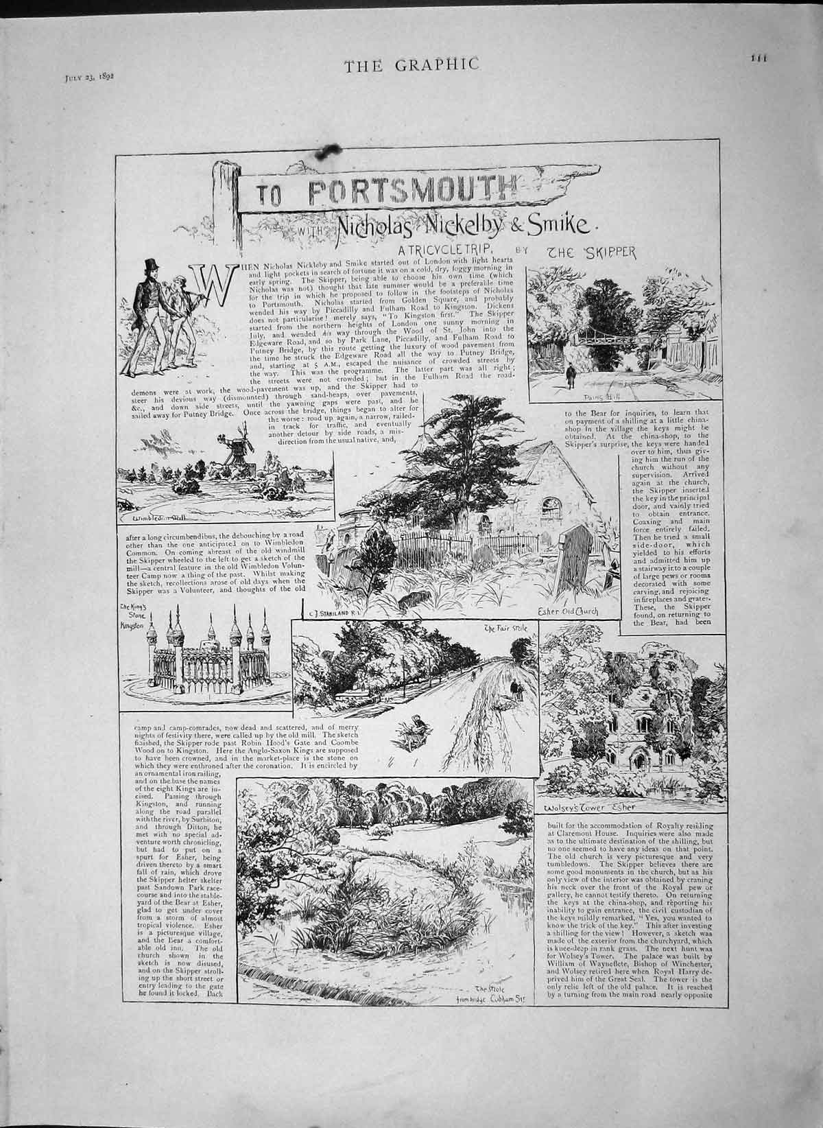 Original Old Antique Print 1892 Nicholas Nickelby Kingston Wolsey Tower Whitley
