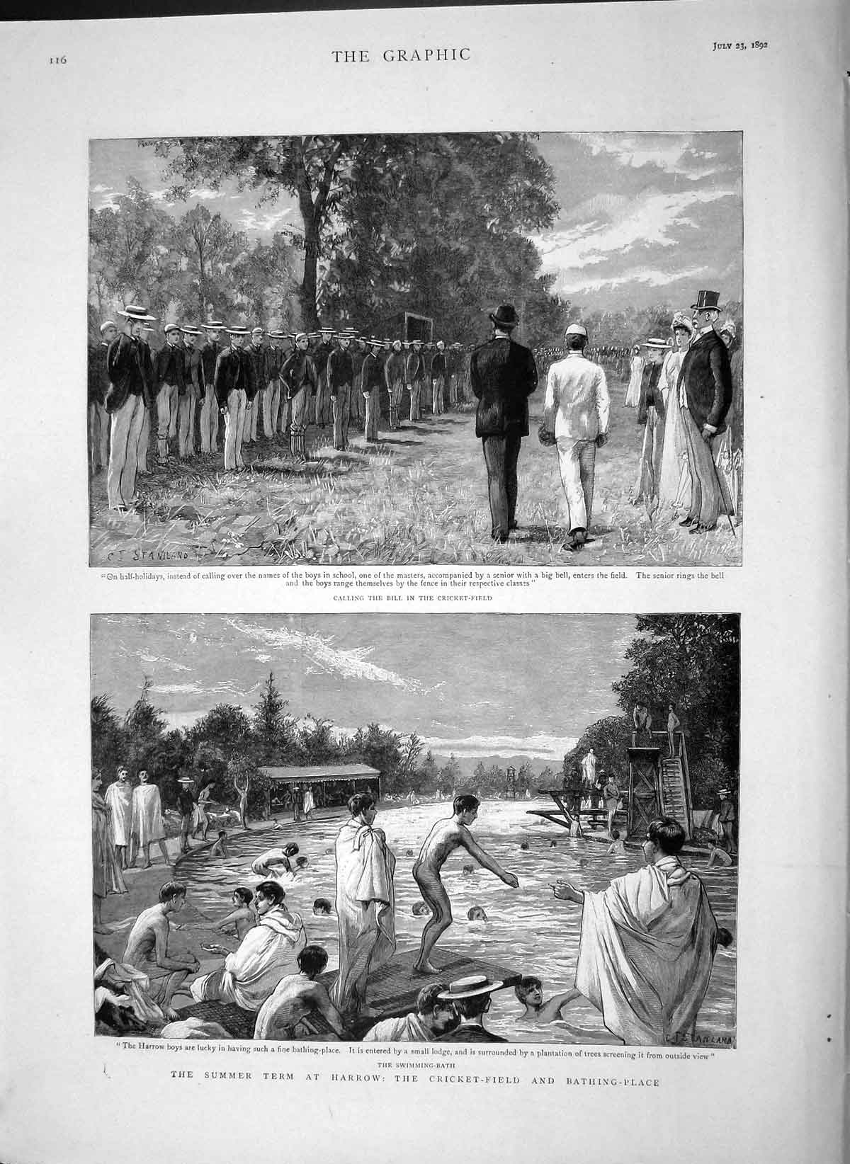 Original Old Antique Print 1892 Cricket Harrow Swimming Bath Sport School Boys