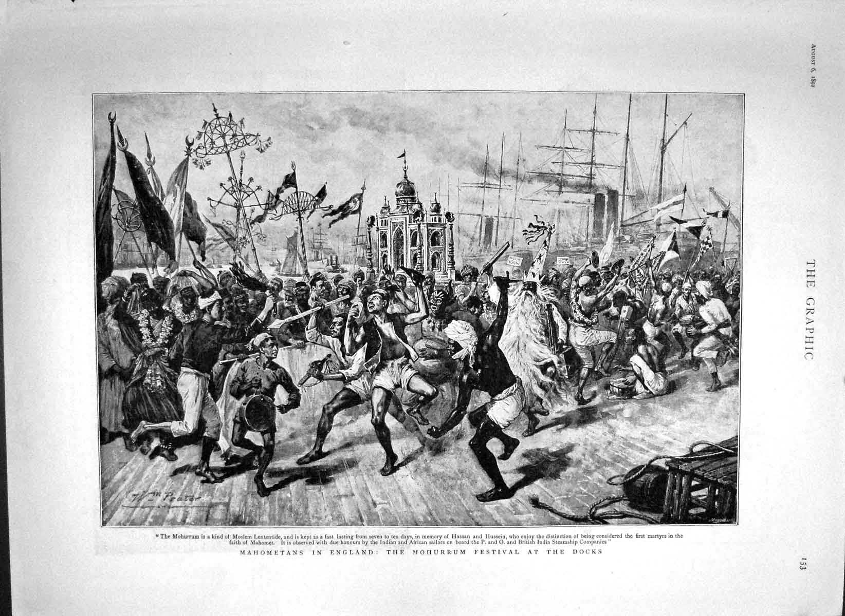 Original Old Antique Print 1892 Mahometans England Mohurrum Festiva Victorian