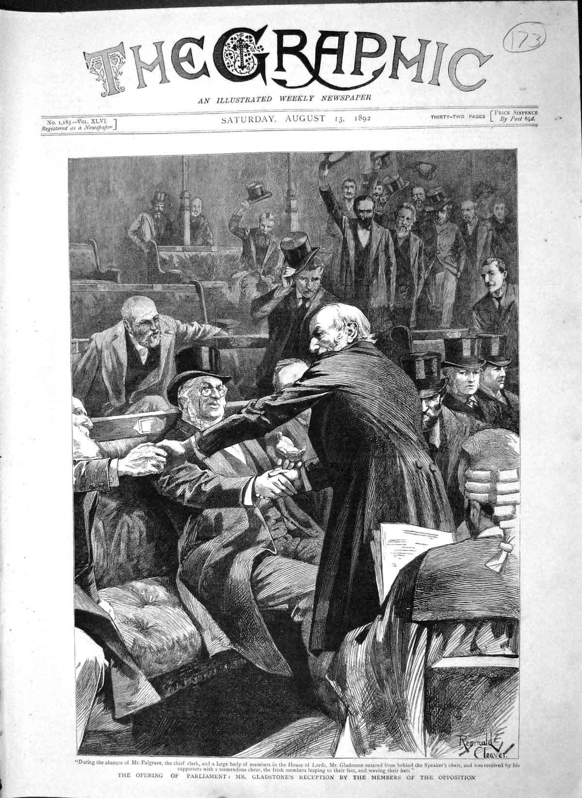 Original Old Antique Print 1892 Parliament Gladstone Palgrave House Lords 19th