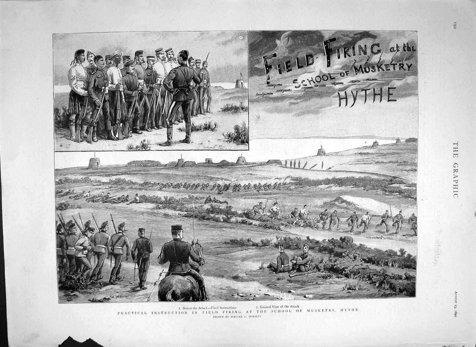 Original Old Antique Print 1892 Field Firing School Musketry Hythe Perra 19th