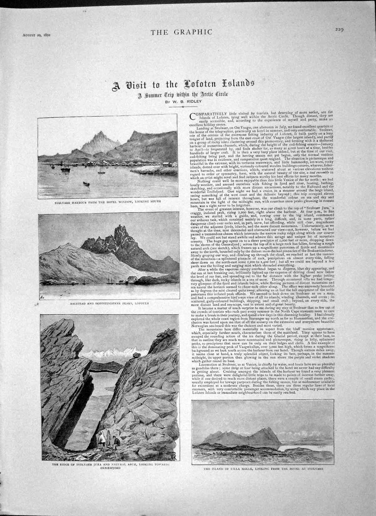 Original Old Antique Print 1892 Lofoten Islands Svolvaer Harbour Lill Victorian