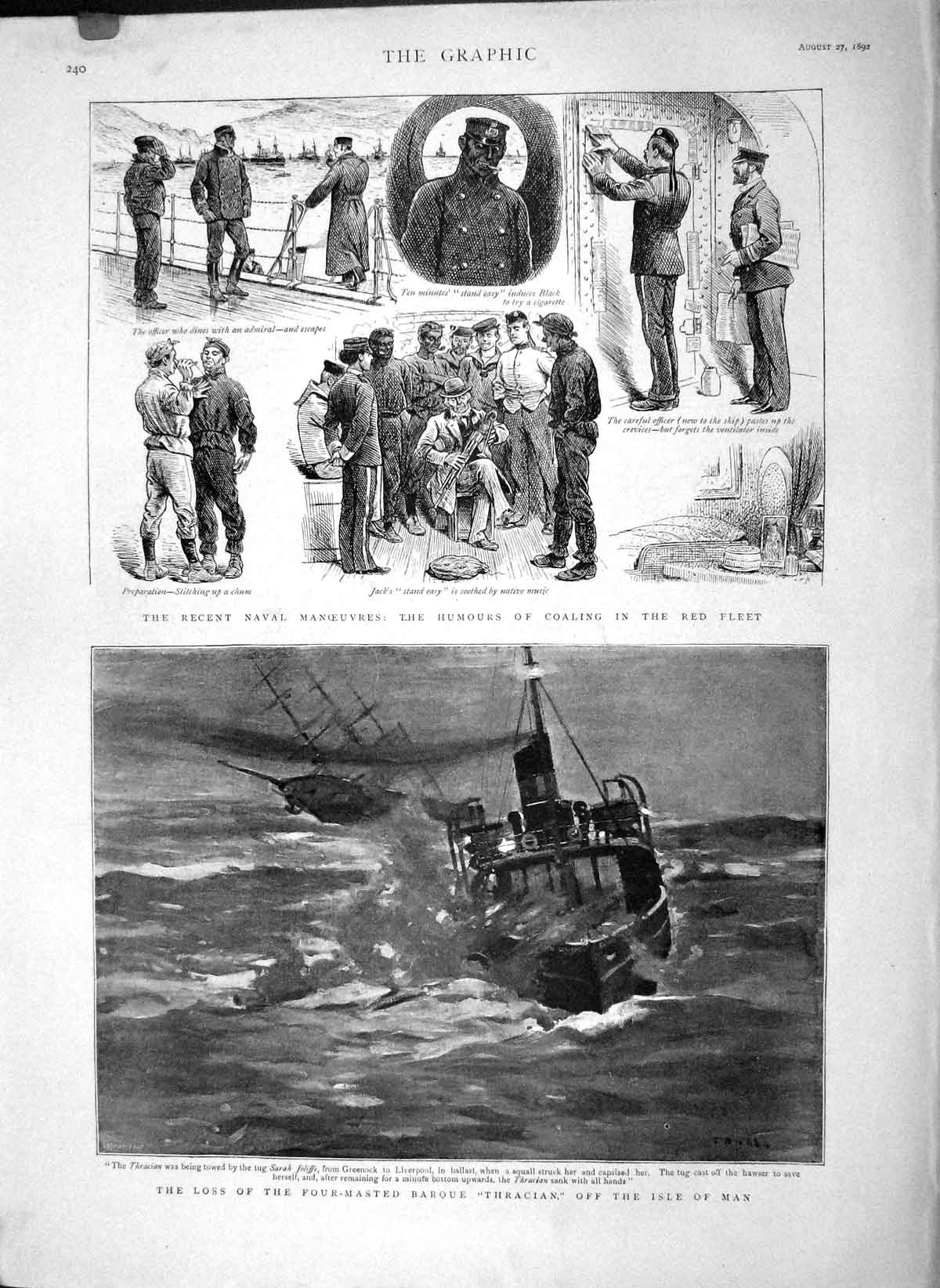 Old Antique Print 1892 Ship Barque Thracian Isle Man Navy Sailors Coaling 19th
