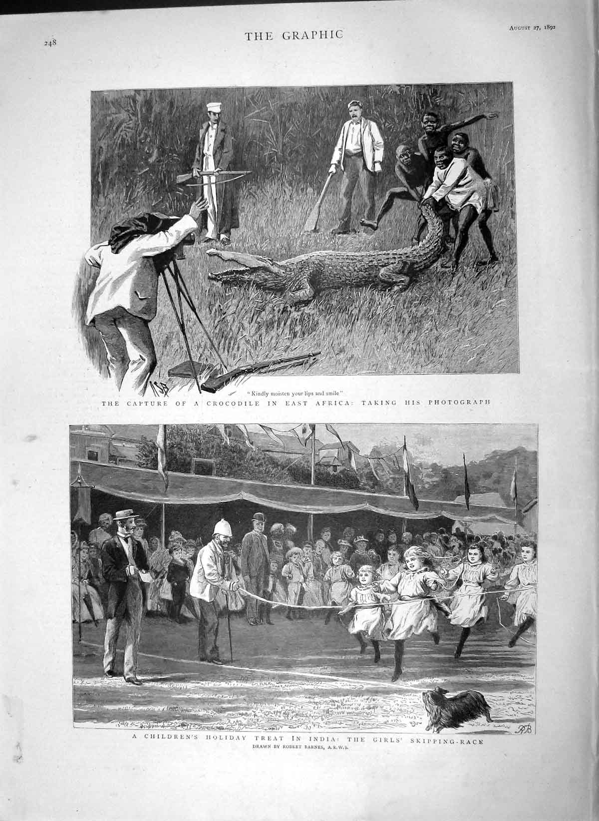 Original Old Antique Print 1892 Crocodile Africa Skipping Race Children Games