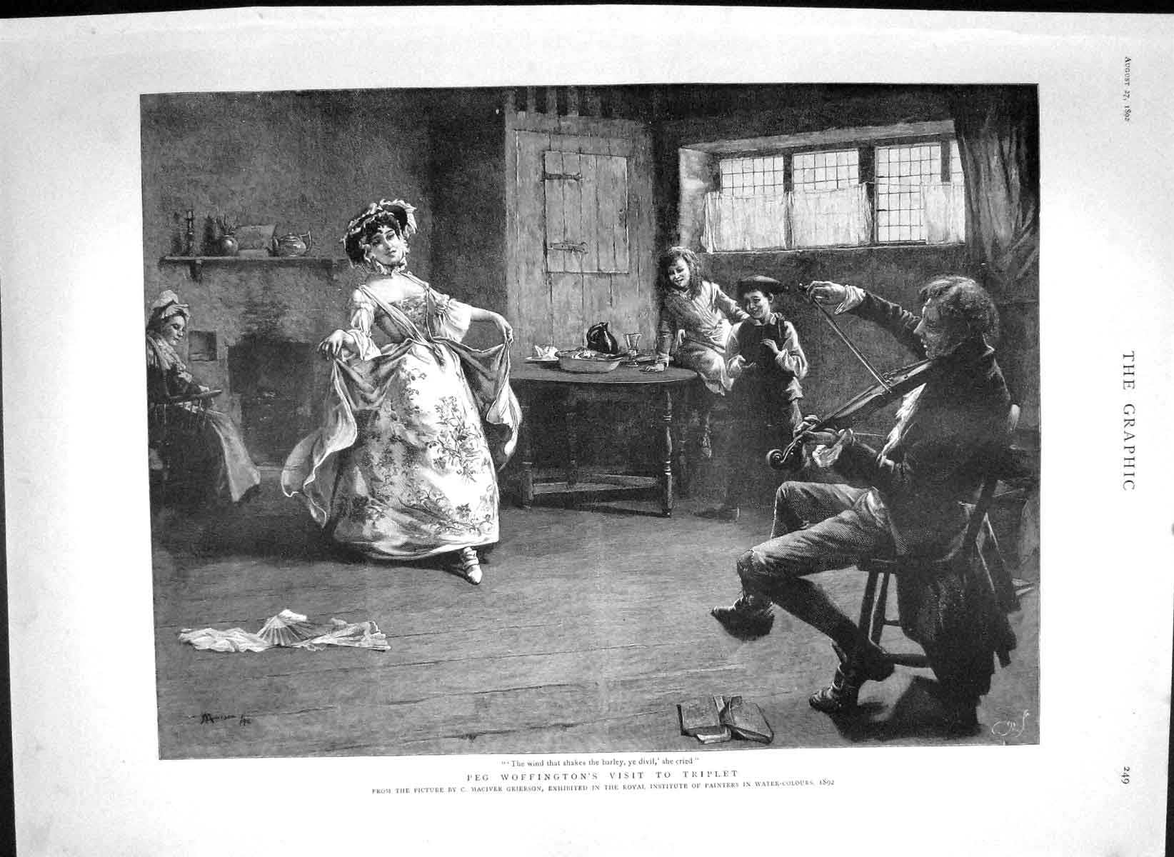 Original Old Antique Print 1892 Woffington Visit Triplet Music Lady Dancing