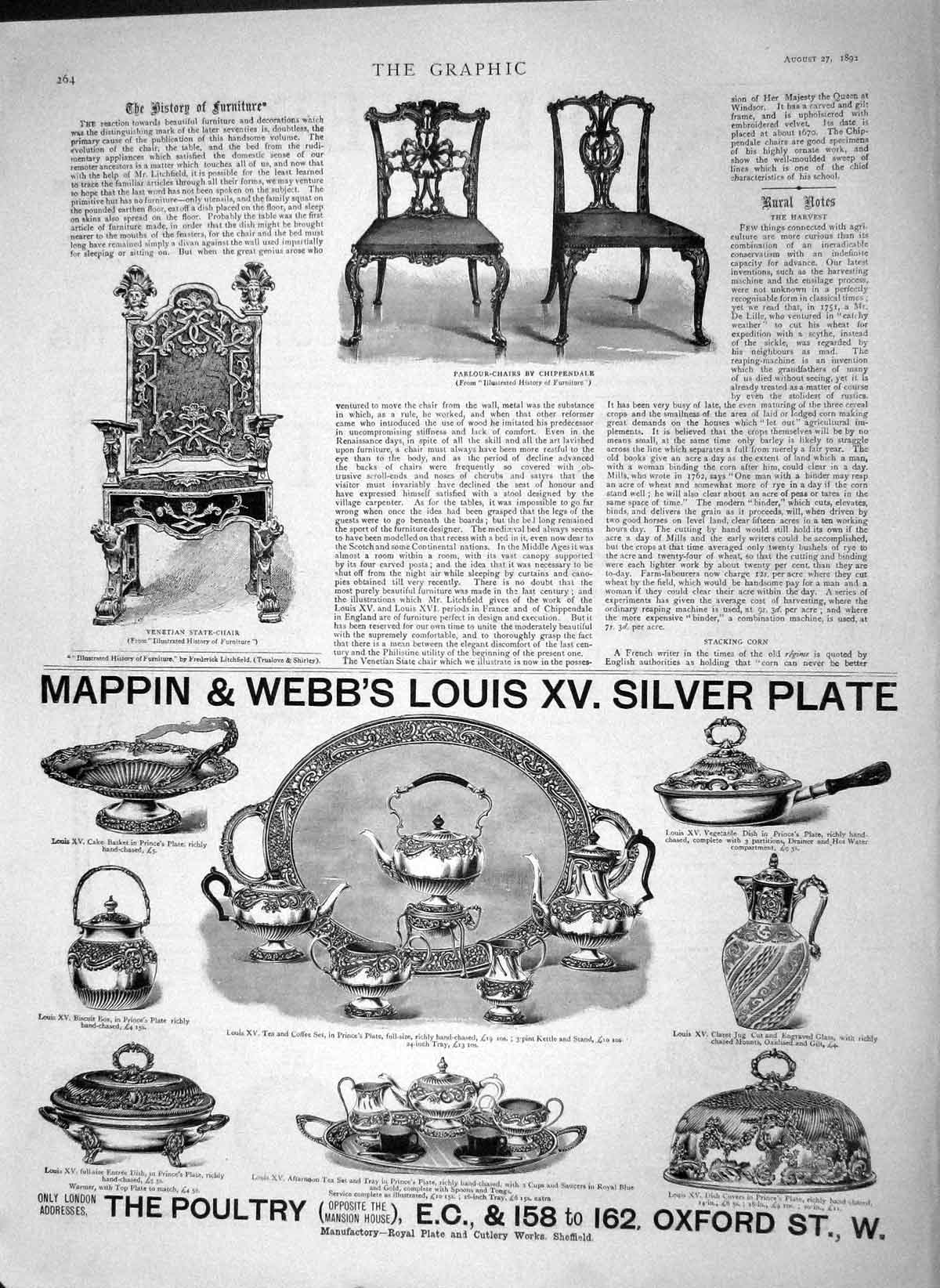 Original Old Antique Print 1892 Furniture Chippendale Chair Mappin Webb Silver