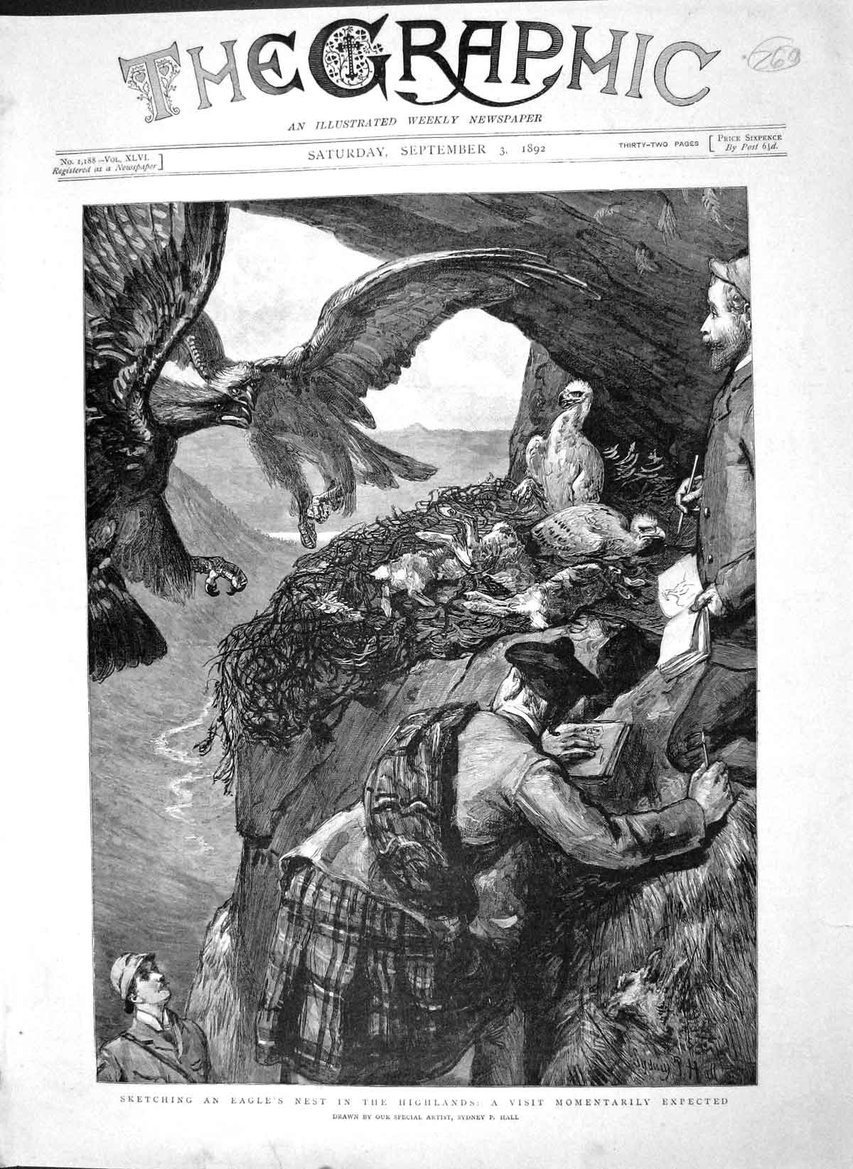 Old Antique Print 1892 Men Sketching Eagle Nest Highlands Scotland Hall 19th